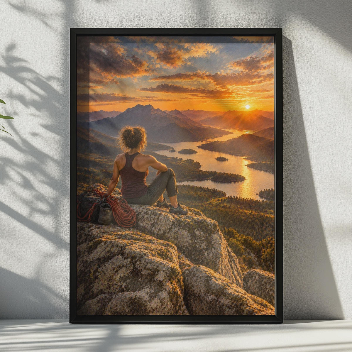 Female Climber Summit Sunset Poster, Mountain Lake View Wall Art (Print)