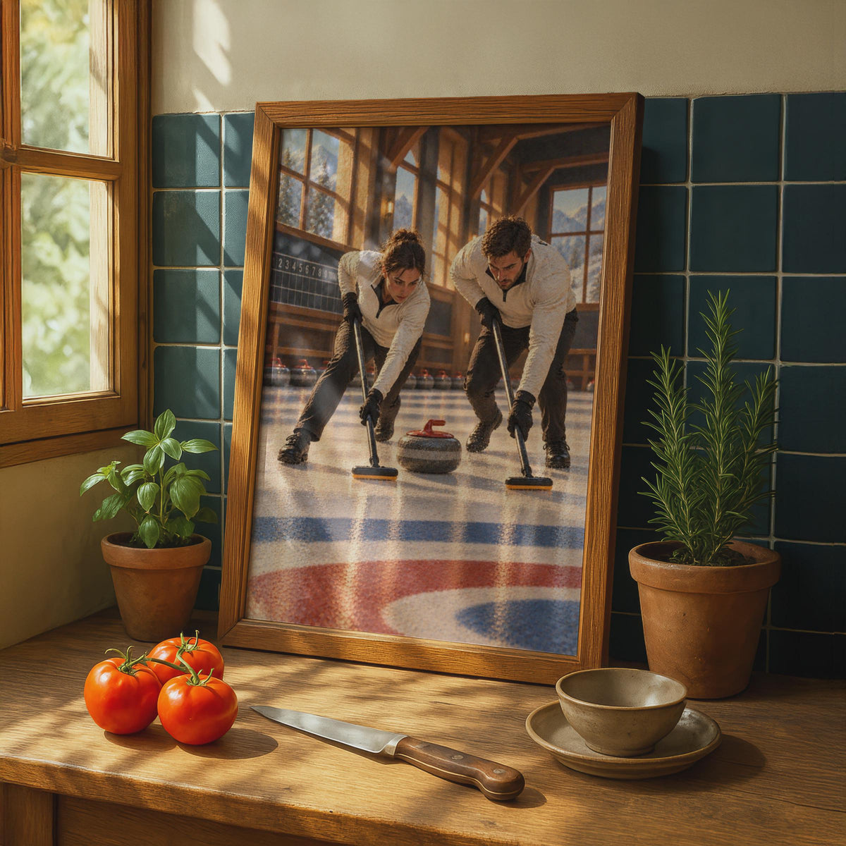 Curling Sport Poster, Winter Ice Rink Wall Art, Alpine Lodge Decor