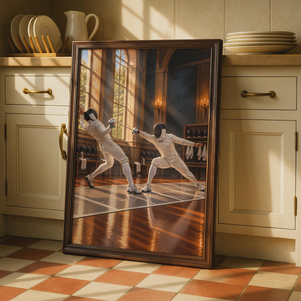 Fencing Duel Poster, Classical Salle Art, Epee Sport Wall Art, Fencer Gift, Olympic Fencing Painting Style, Sport Hobby Room 