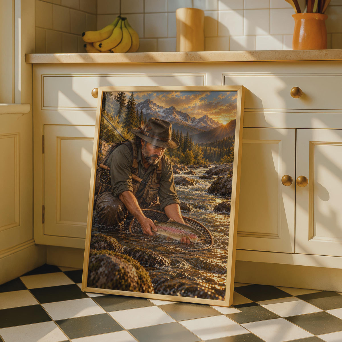 Fly Fishing Poster, Mountain River Trout Catch at Sunset, Rustic Lodge Decor (Print)