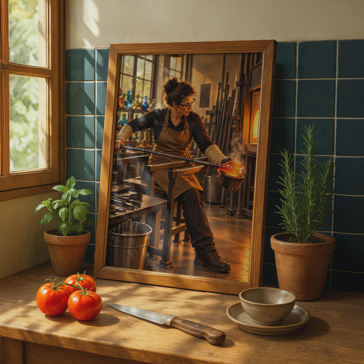 Female Glassblower Studio Poster, Artisan Craft Wall Art, Fiery Furnace Workshop Print