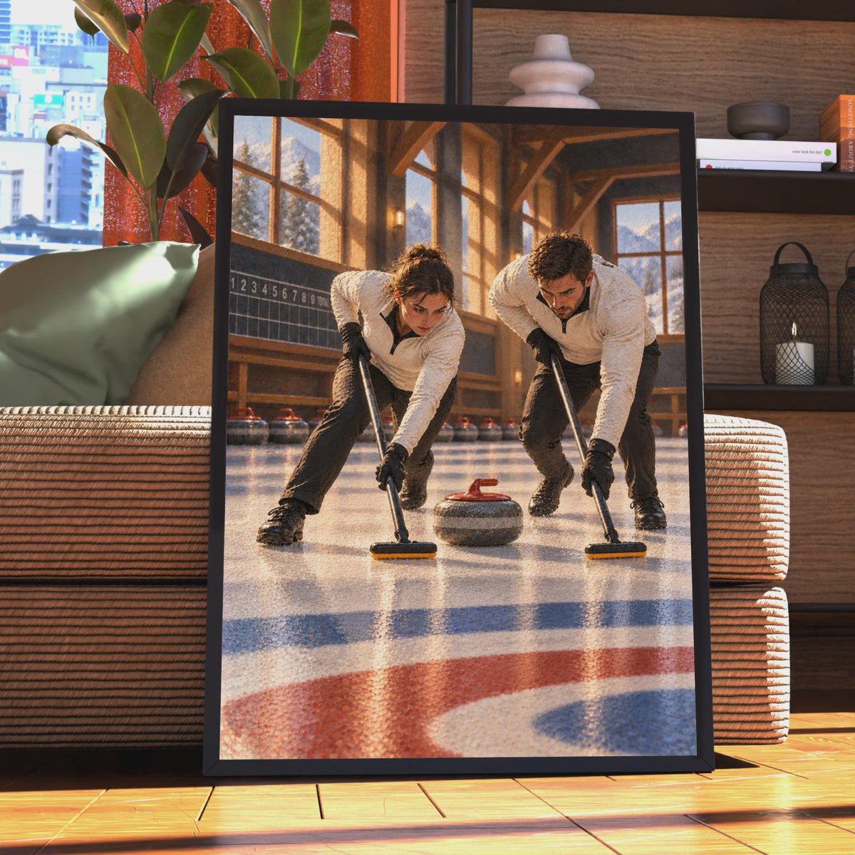 Curling Sport Poster, Winter Ice Rink Wall Art, Alpine Lodge Decor