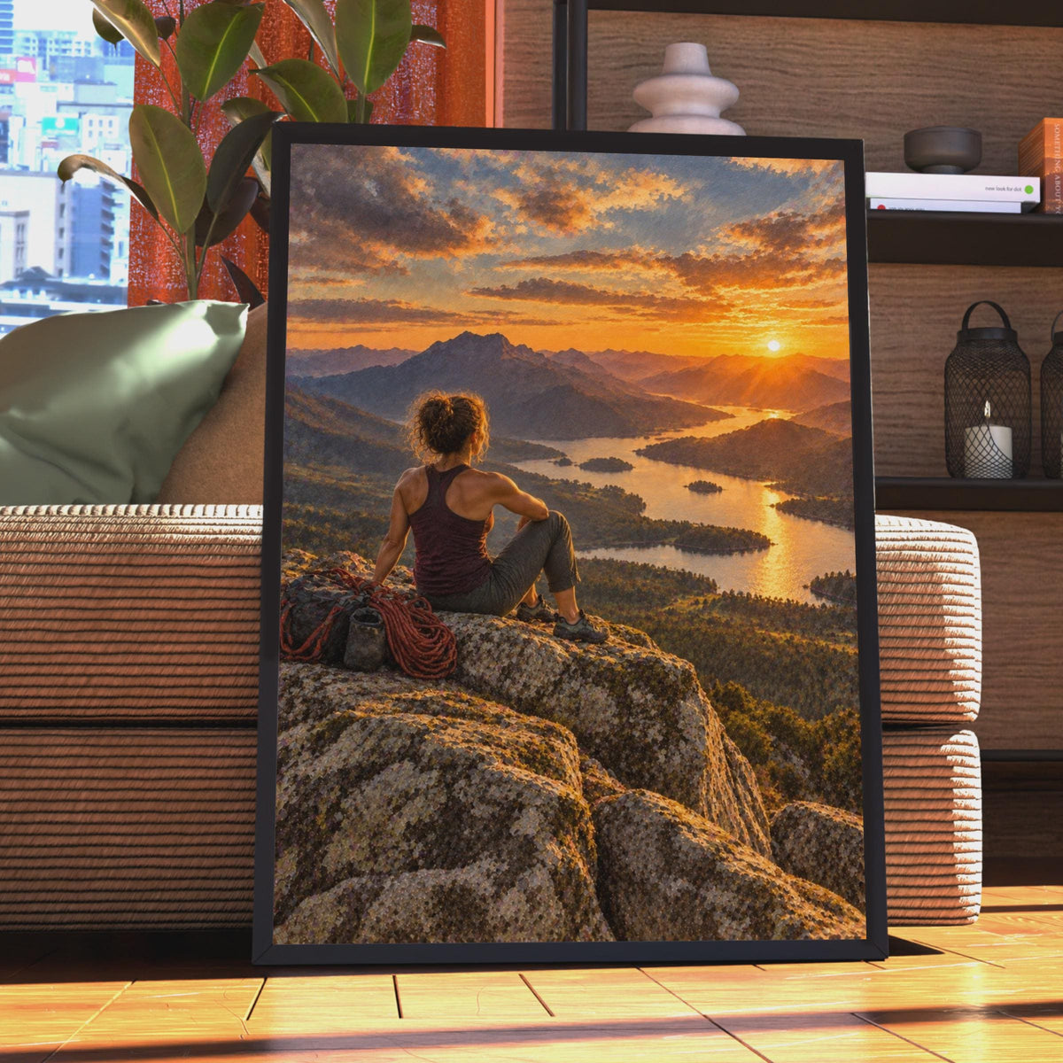 Female Climber Summit Sunset Poster, Mountain Lake View Wall Art (Print)