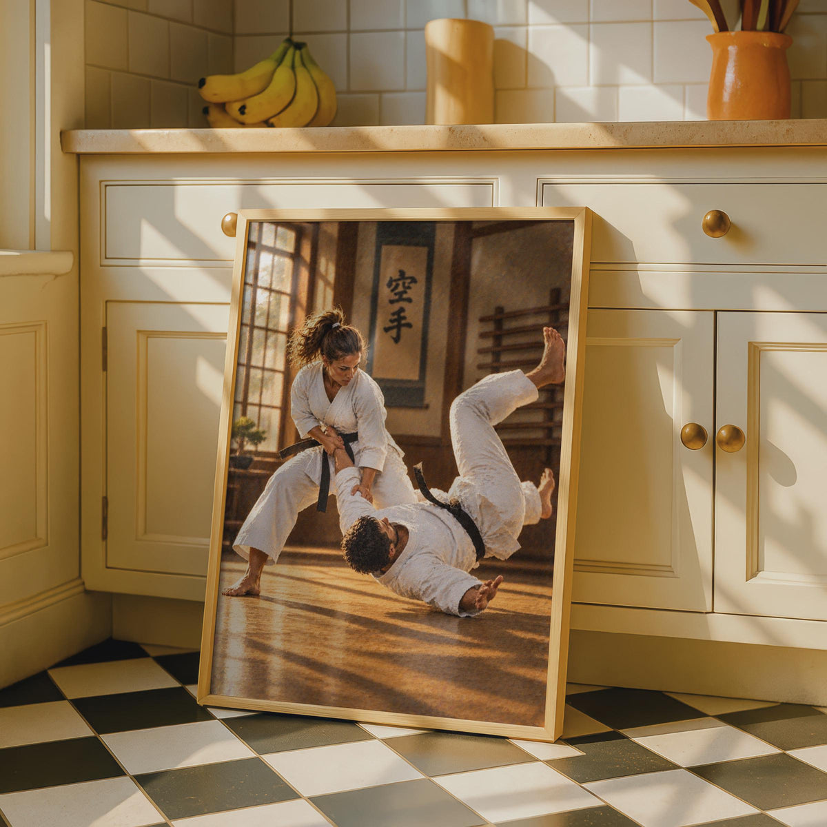 Karate Dojo Throw Poster, Black Belt Training, Japanese Kanji Decor (Print)