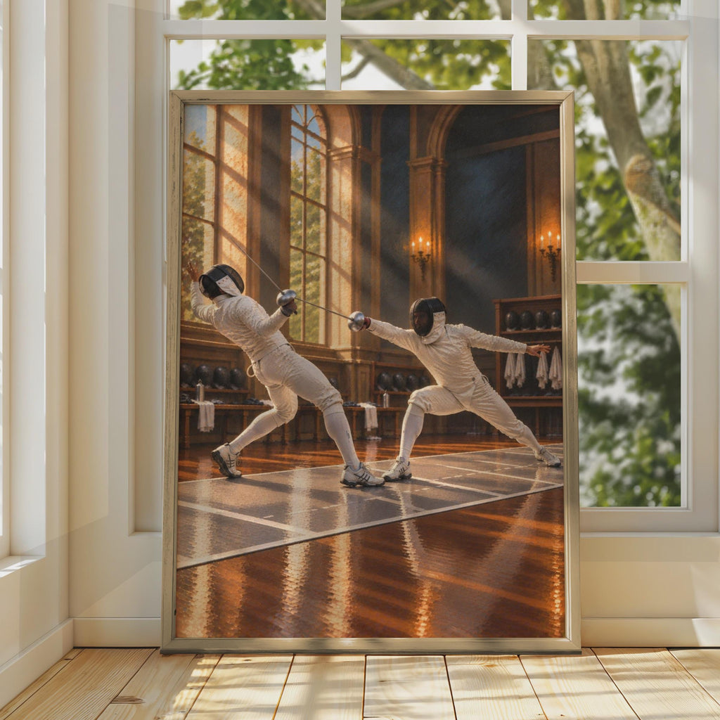 Fencing Duel Poster, Classical Salle Art, Epee Sport Wall Art, Fencer Gift, Olympic Fencing Painting Style, Sport Hobby Room 