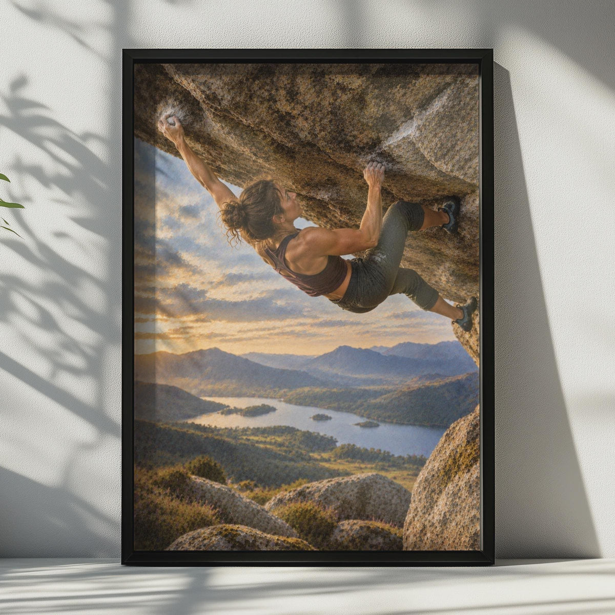 Woman Bouldering Poster, Sunset Mountain Landscape, Adventure Sports Print