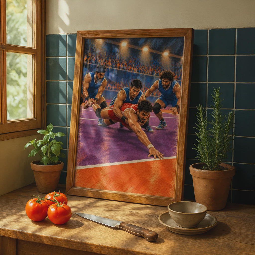 Kabaddi Sport Poster: Indian Contact Game, Stadium Action Wall Art, Blue Orange Athletic Decor, Sports Room Gift