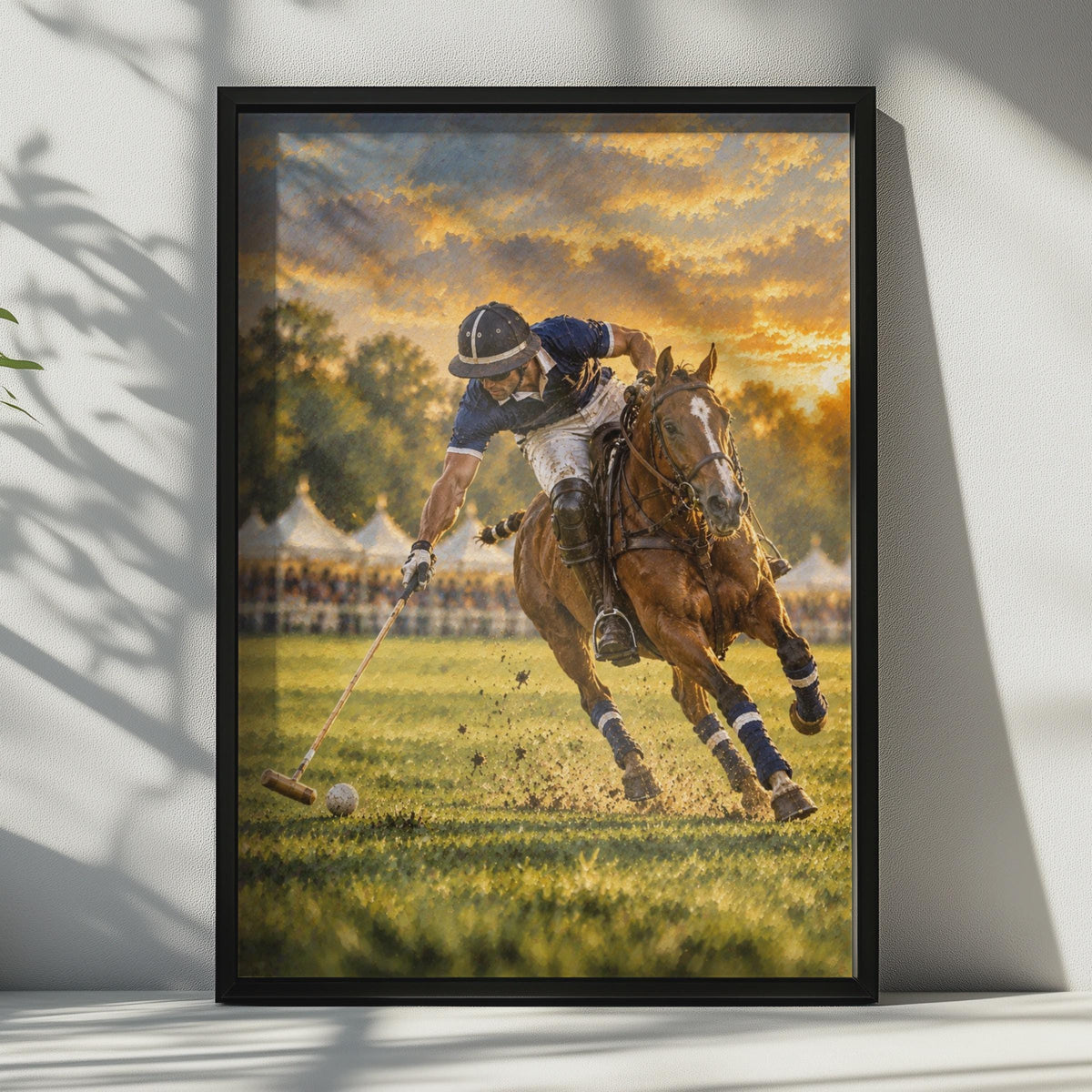 Golden Sunset Polo Match Poster, Navy Blue Equestrian Art Print