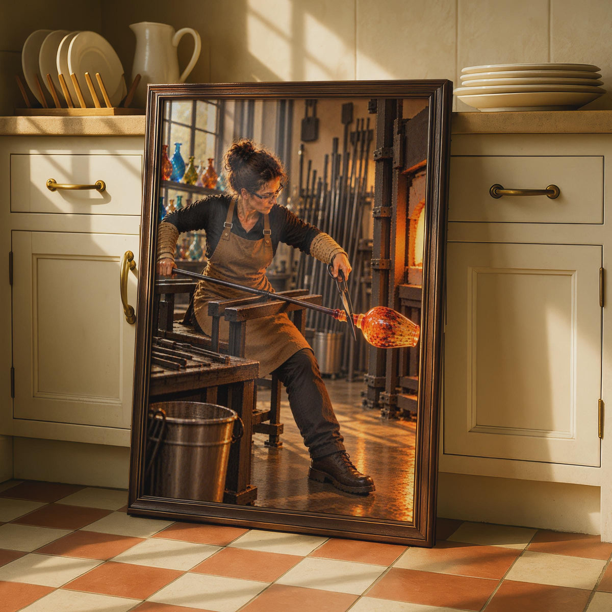 Female Glassblower Workshop Poster, Artisan Kiln Art, Creative Studio Wall Art