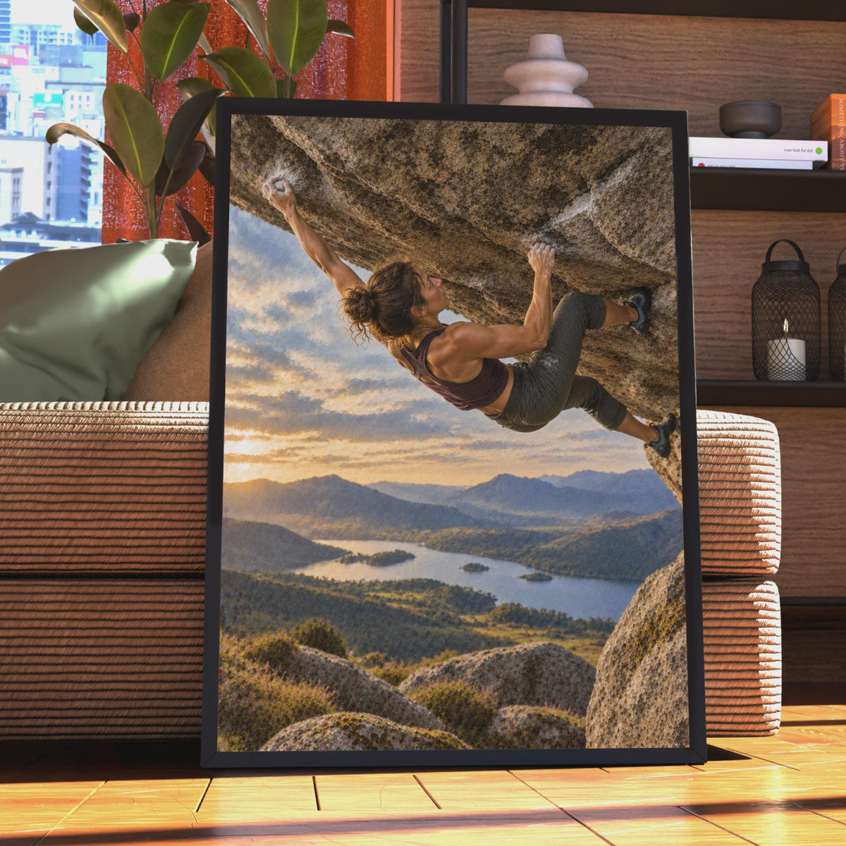 Woman Bouldering Poster, Sunset Mountain Landscape, Adventure Sports Print