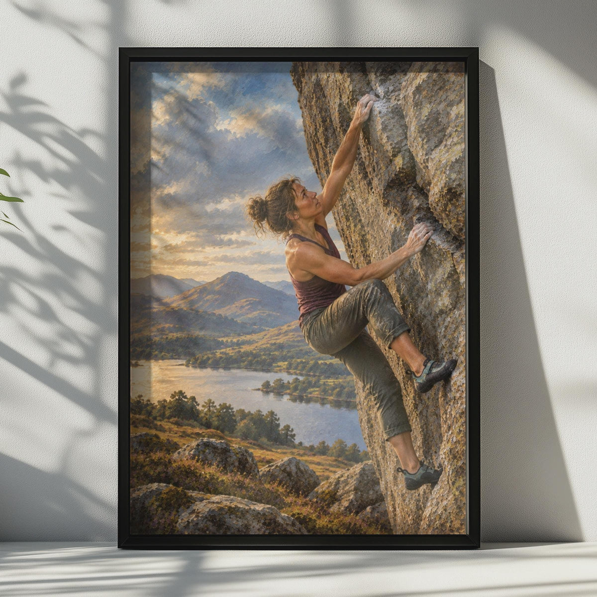 Woman Rock Climber Poster, Golden Sunset Mountain Lake Landscape, Adventurous Wall Art