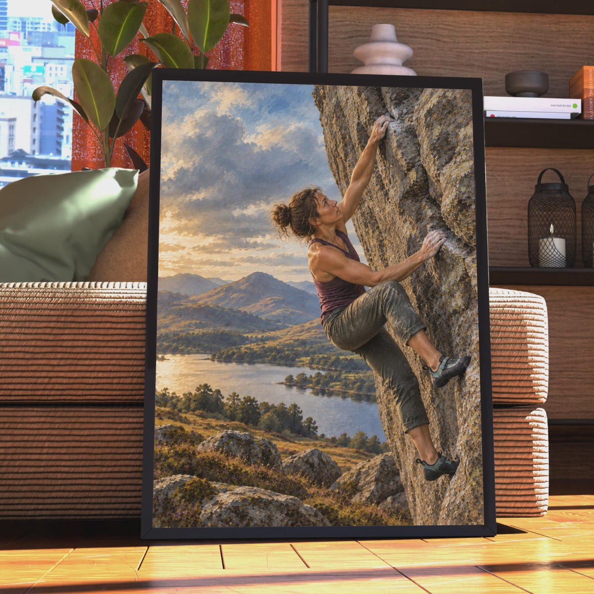 Woman Rock Climber Poster, Golden Sunset Mountain Lake Landscape, Adventurous Wall Art