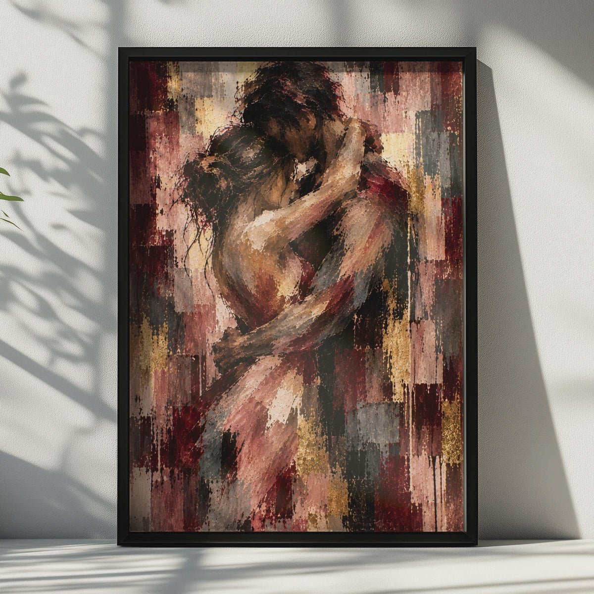Abstract Couple Embrace Poster, Deep Red Gold Bedroom Art Print