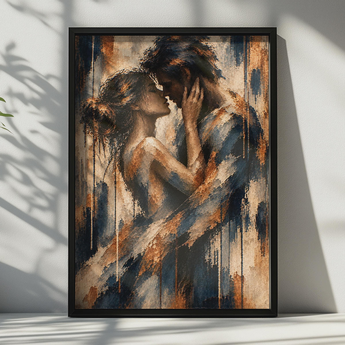 Romantic Couple Embrace Poster, Navy Blue Copper Abstract Figurative Print (Physical Print)