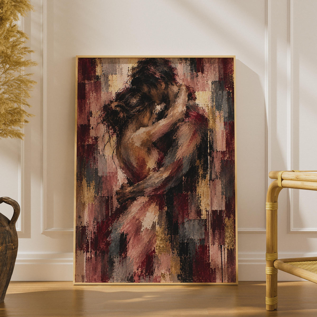 Abstract Couple Embrace Poster, Deep Red Gold Bedroom Art Print