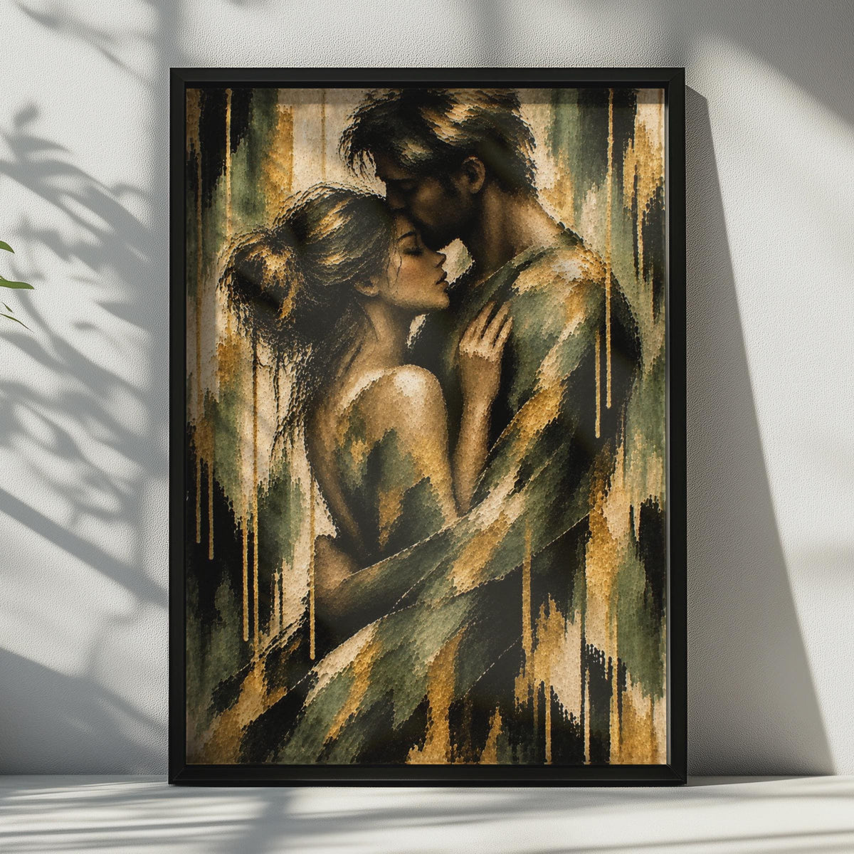Romantic Couple Embrace Poster, Gold Black Mosaic Art Print, Bedroom Decor