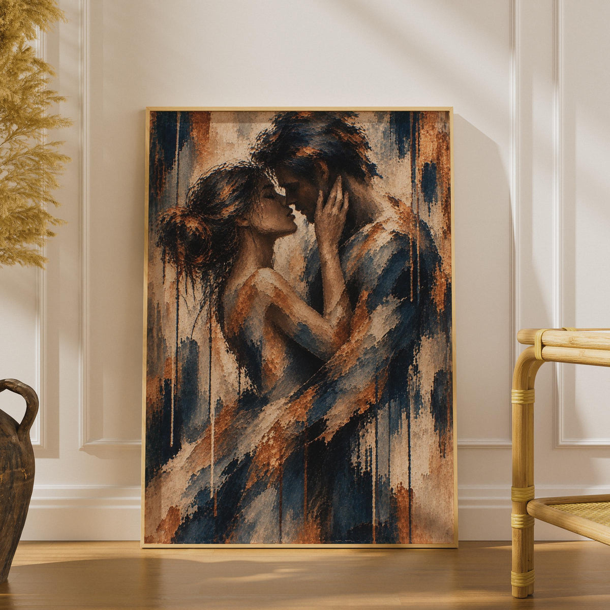 Romantic Couple Embrace Poster, Navy Blue Copper Abstract Figurative Print (Physical Print)