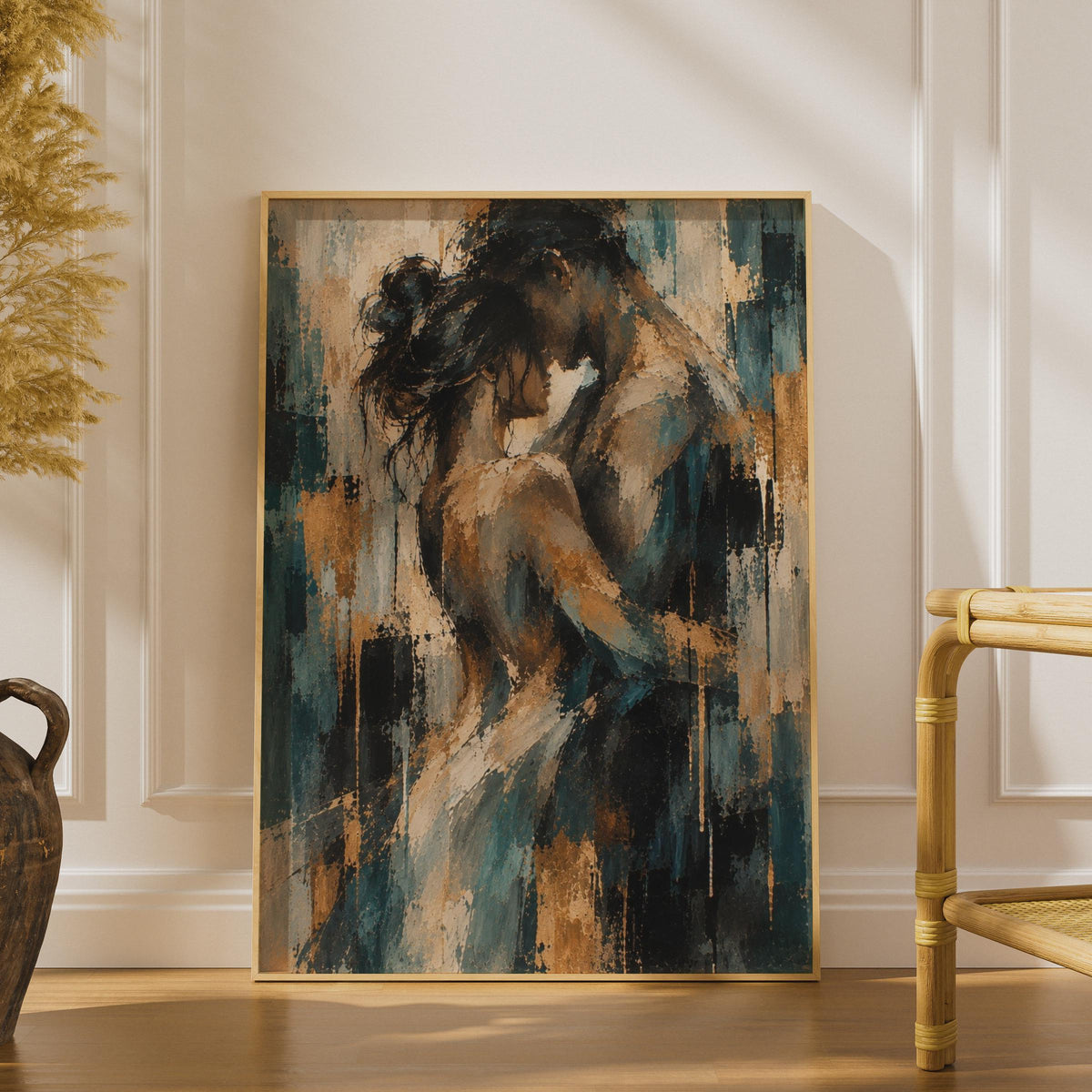 Abstract Couple Embrace Poster, Teal Gold Figurative Art Print, Bedroom Decor