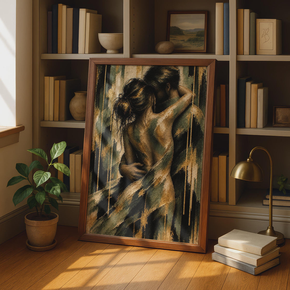 Romantic Couple Embrace Poster, Textured Figurative Art, Gold Green Tones (Printed Poster)