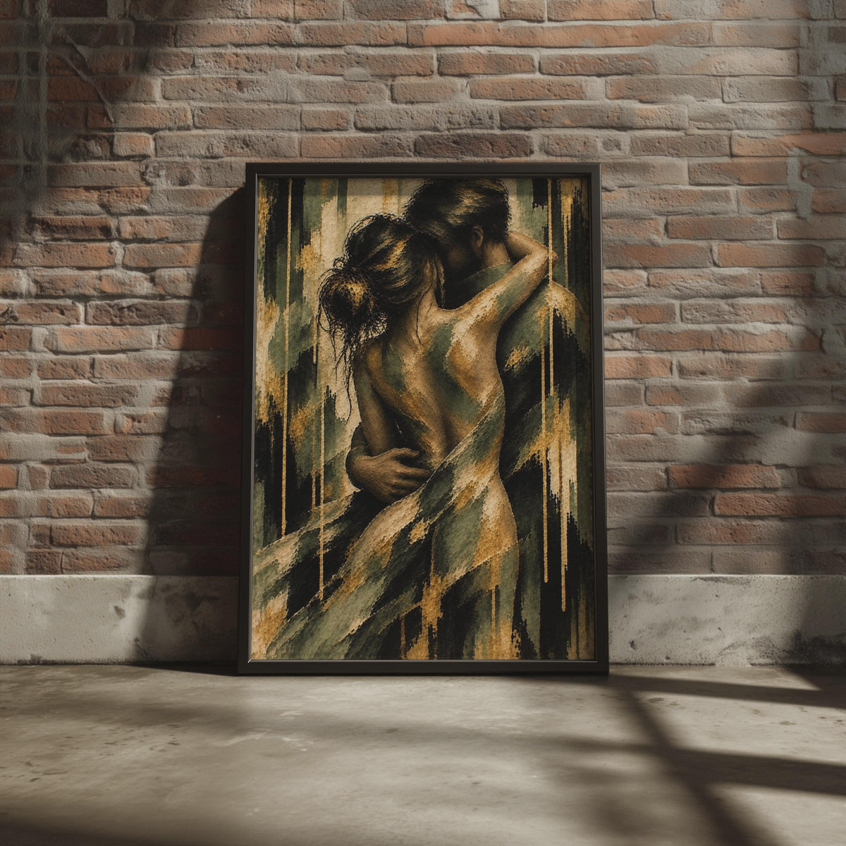 Romantic Couple Embrace Poster, Textured Figurative Art, Gold Green Tones (Printed Poster)