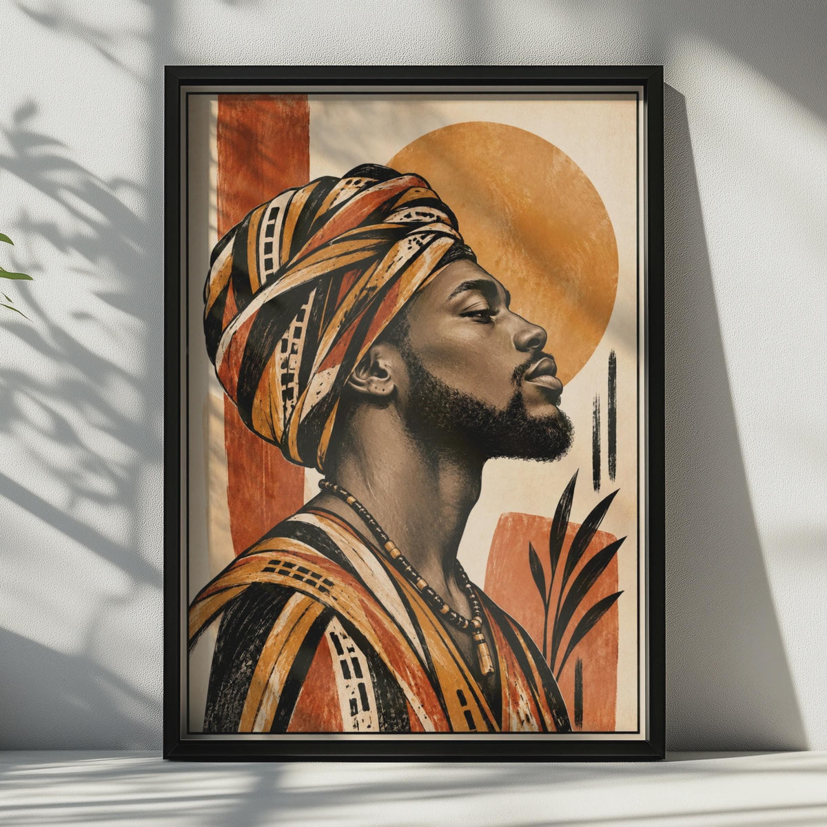 African Man Portrait Poster, Terracotta Head Wrap, Boho Cultural Art (Physical Print)