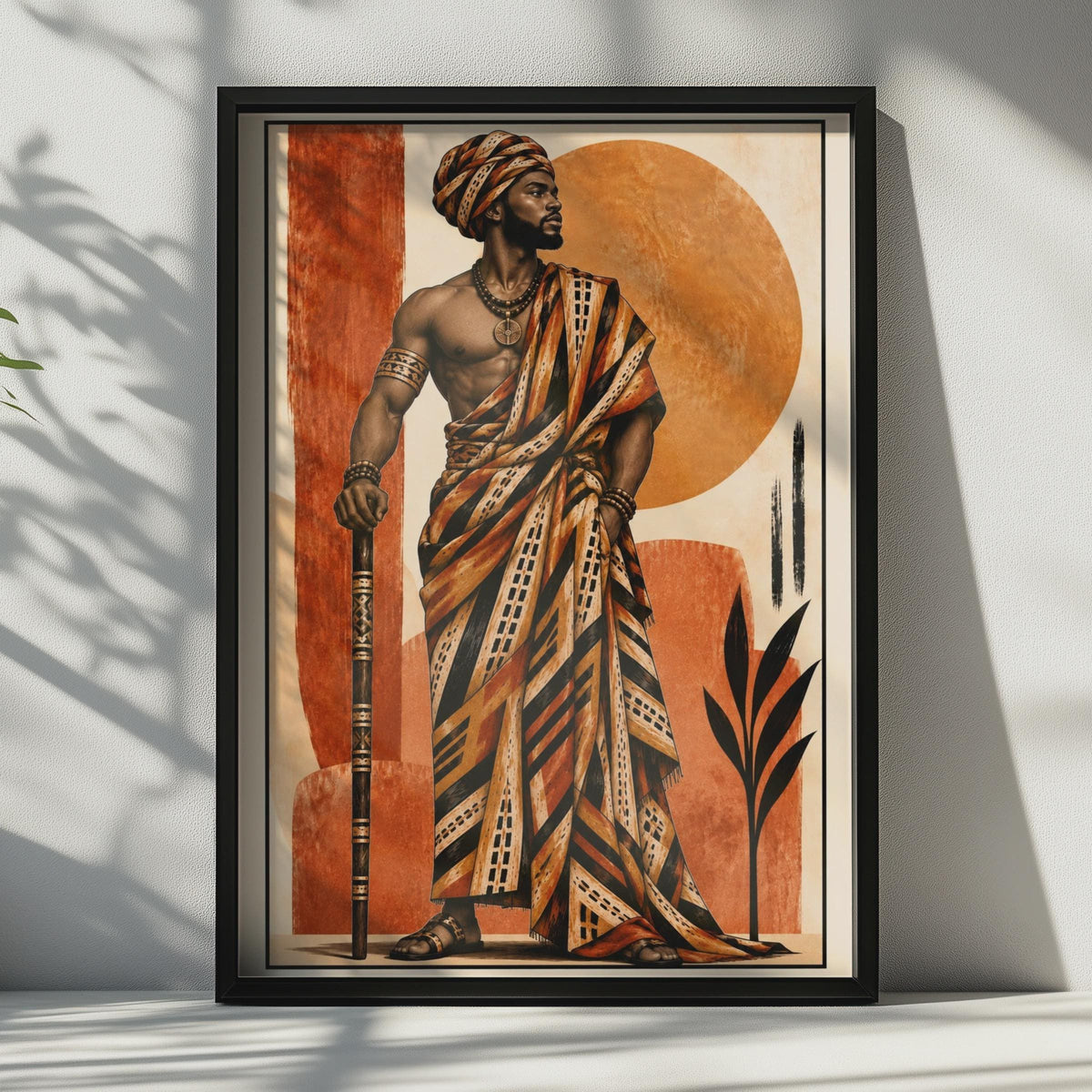 African King Kente Robe Poster, Terracotta Sun Disc, Afrocentric Wall Art Print