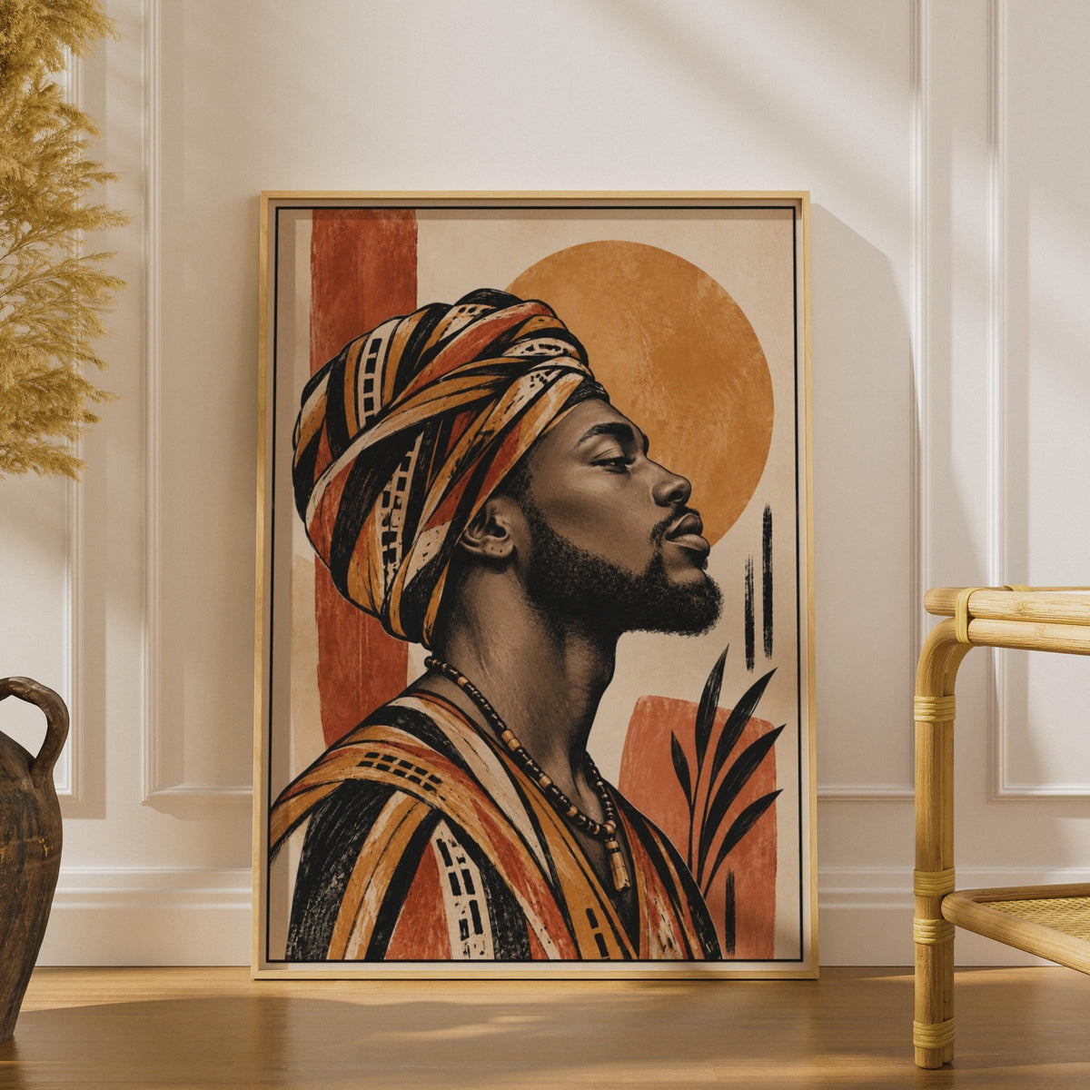 African Man Portrait Poster, Terracotta Head Wrap, Boho Cultural Art (Physical Print)