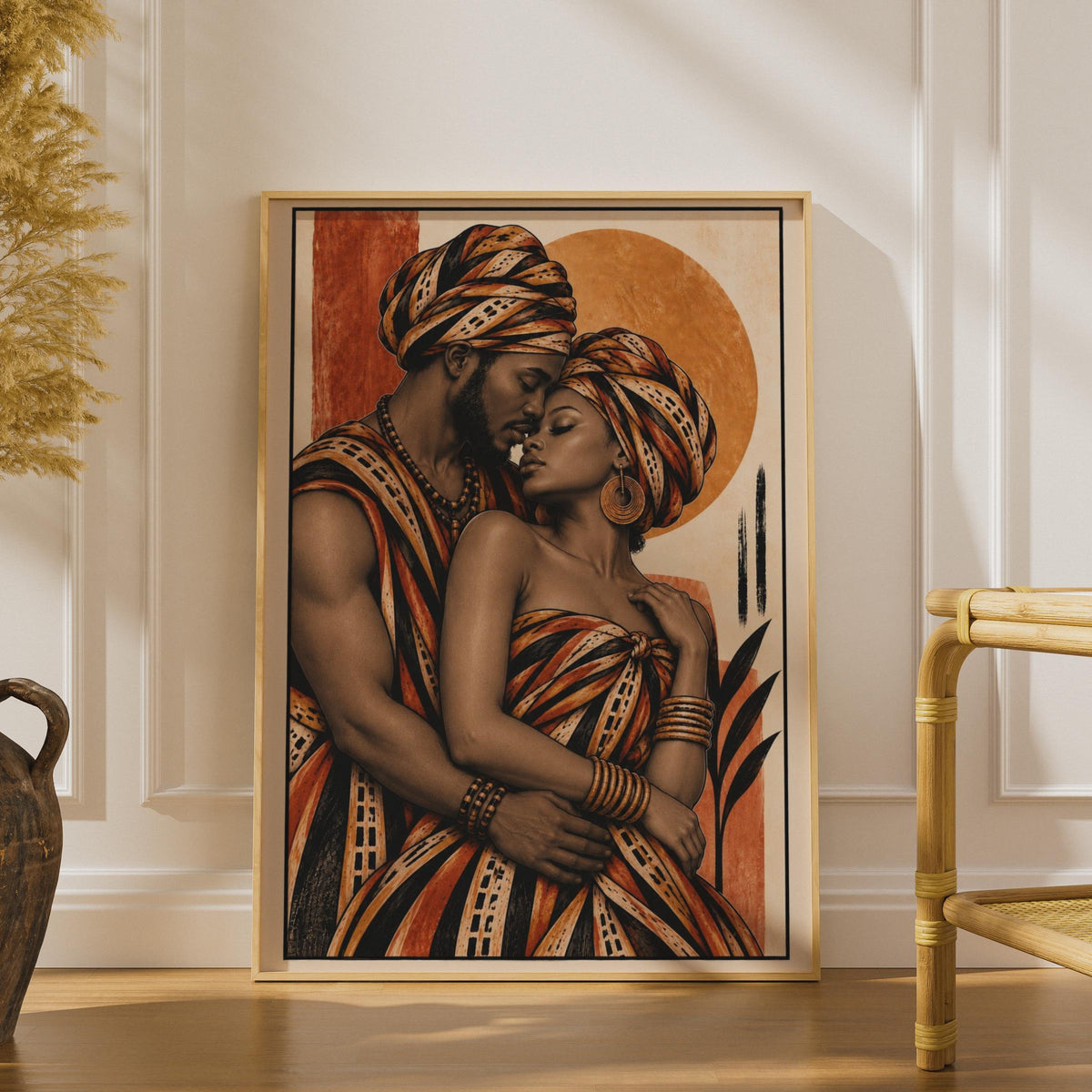 African Couple Embrace Poster, Terracotta Boho Sun Print, Cultural Wall Art (Physical Print)