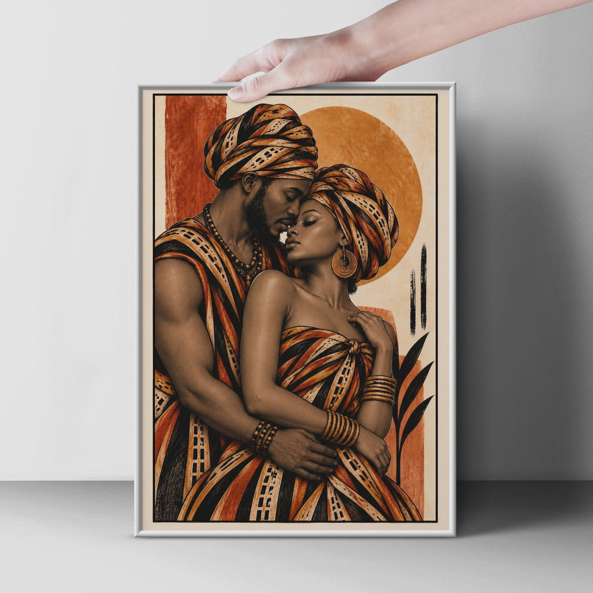 African Couple Embrace Poster, Terracotta Boho Sun Print, Cultural Wall Art (Physical Print)