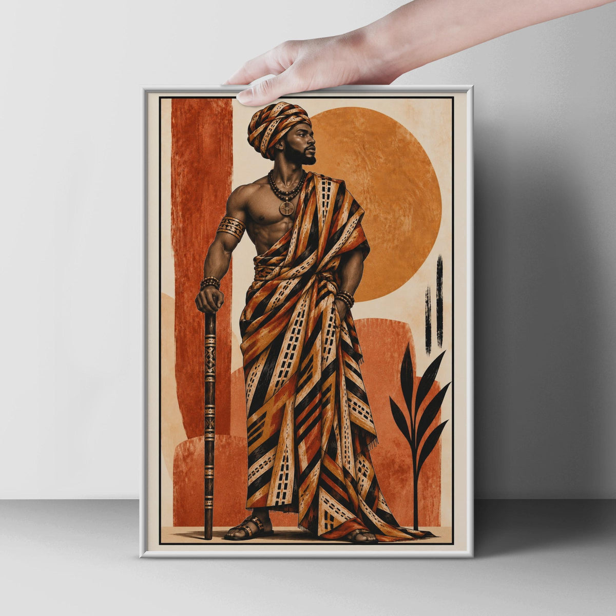 African King Kente Robe Poster, Terracotta Sun Disc, Afrocentric Wall Art Print