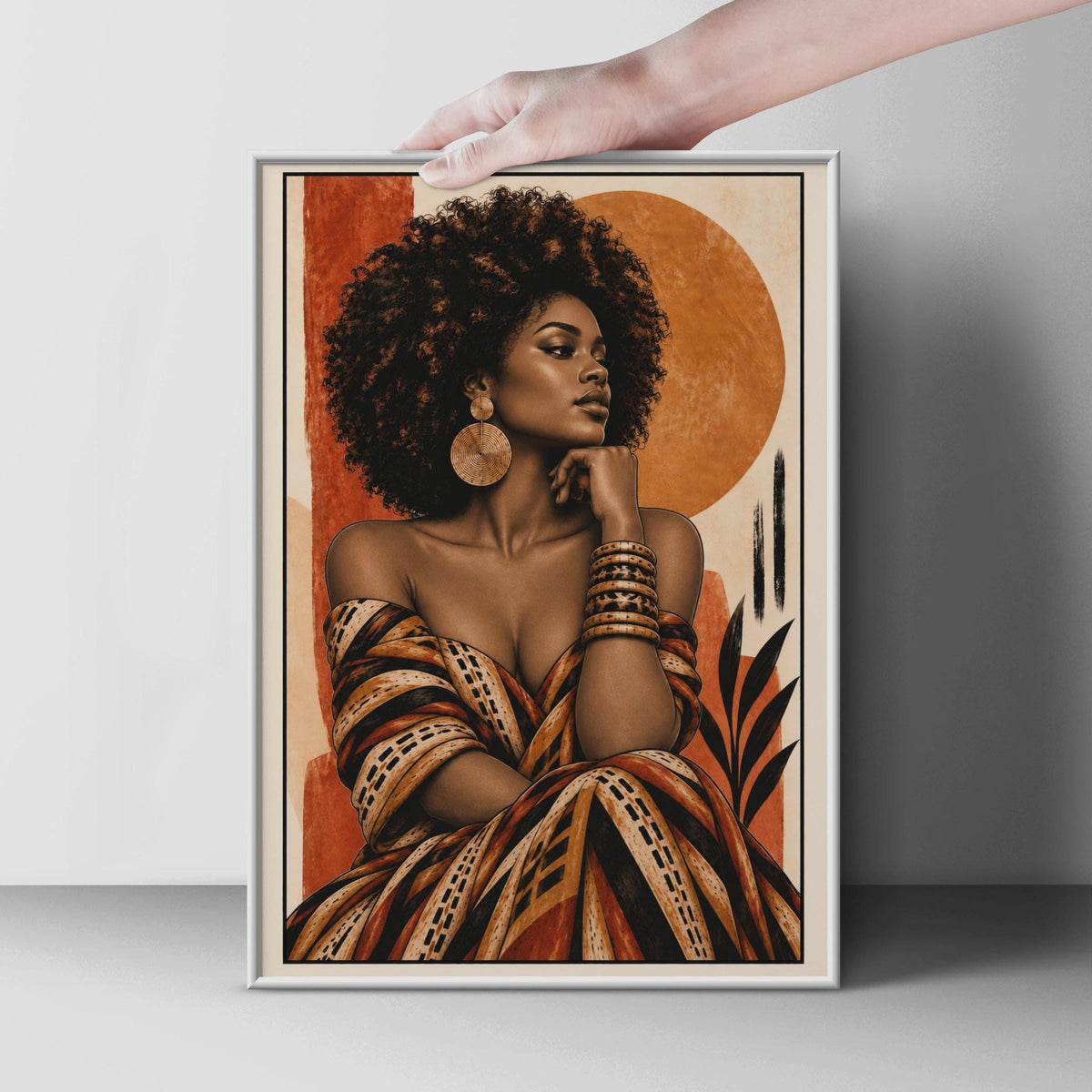 African Woman Portrait Poster, Afro Hair Art, Terracotta Boho Wall Art (Printed)