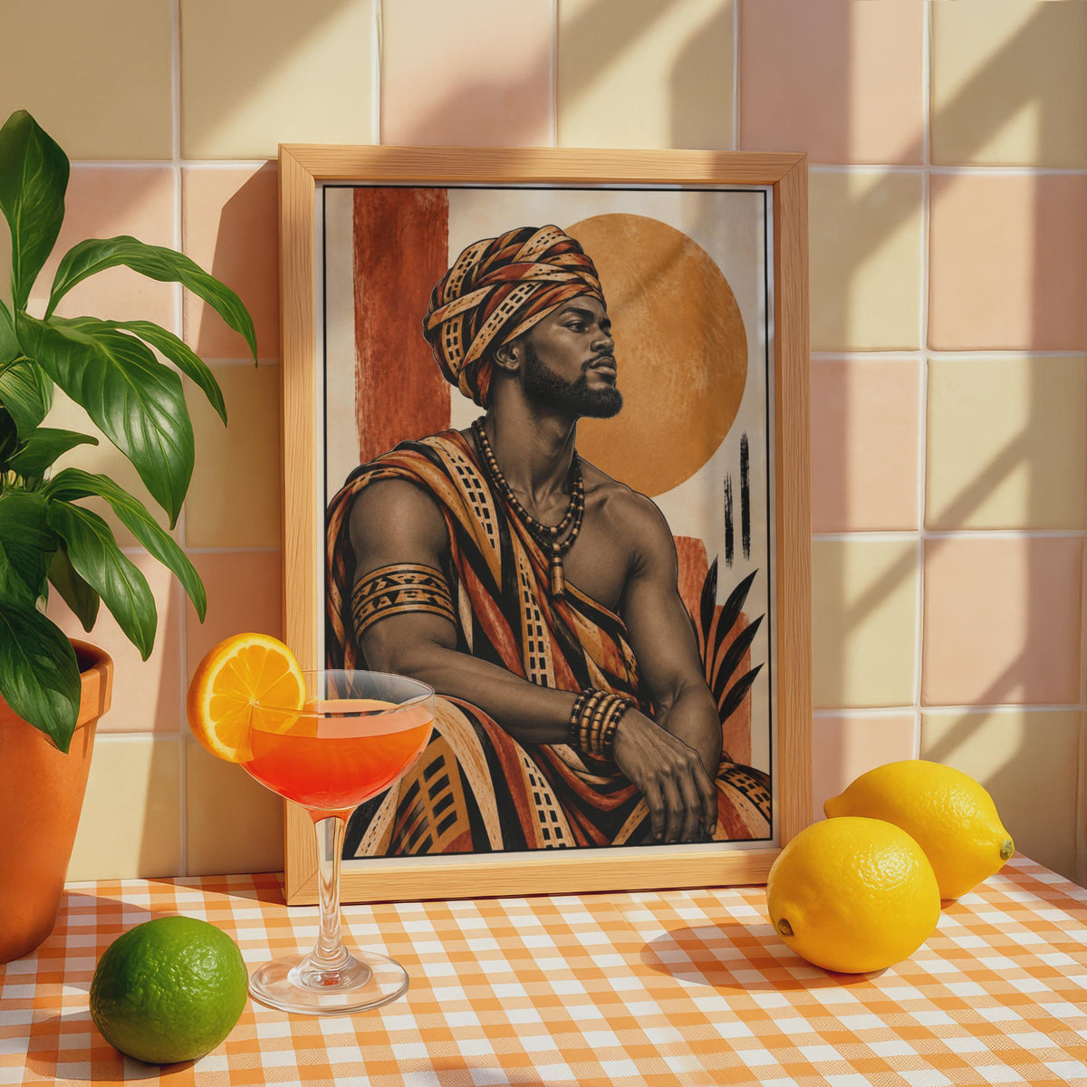 African King Portrait Poster, Terracotta Burnt Orange Tribal Warrior Art (Printed)