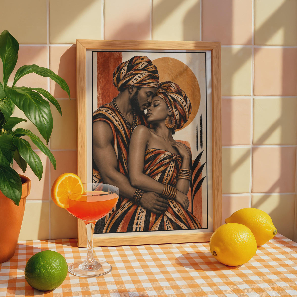African Couple Embrace Poster, Terracotta Boho Sun Print, Cultural Wall Art (Physical Print)