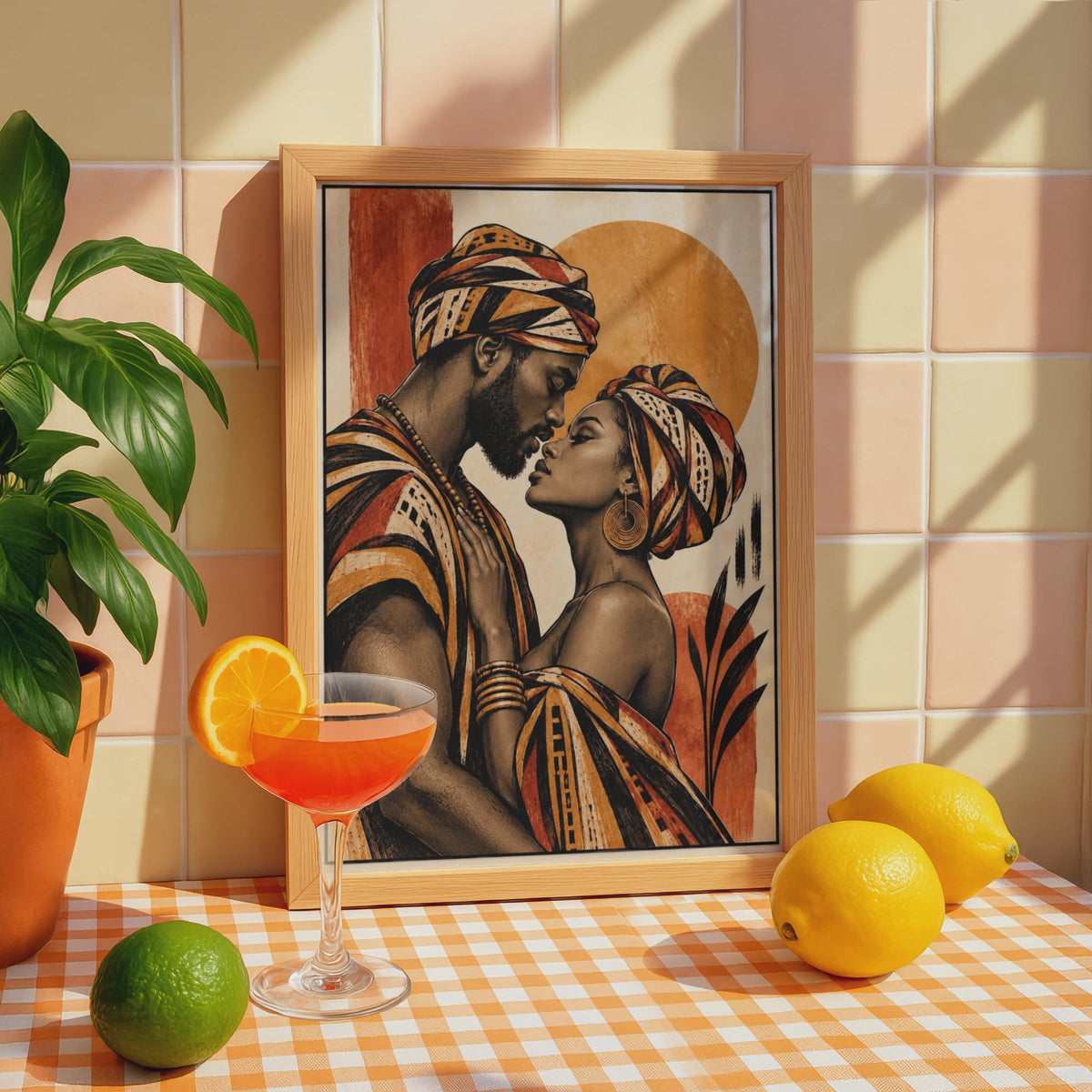 African Couple Love Poster, Afrocentric Romance Art Print, Terracotta Black Decor