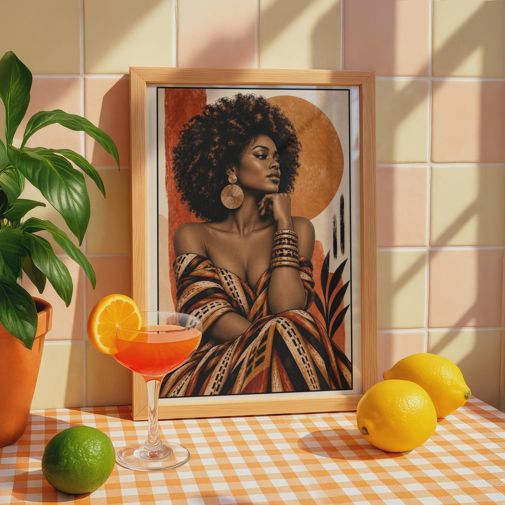 African Woman Portrait Poster, Afro Hair Art, Terracotta Boho Wall Art (Printed)