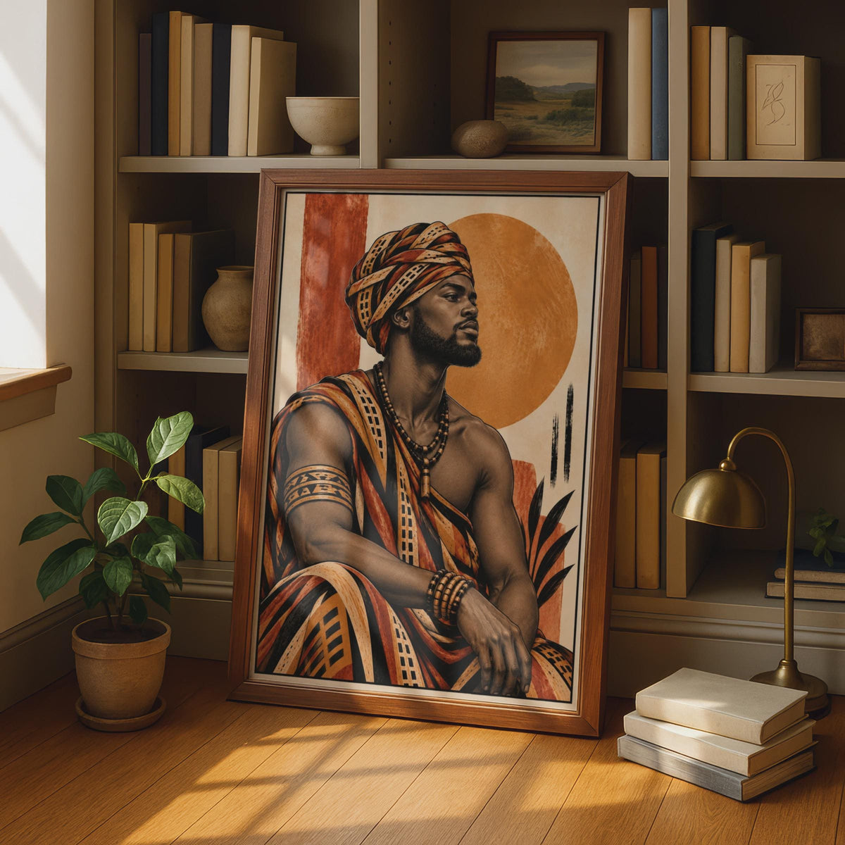 African King Portrait Poster, Terracotta Burnt Orange Tribal Warrior Art (Printed)