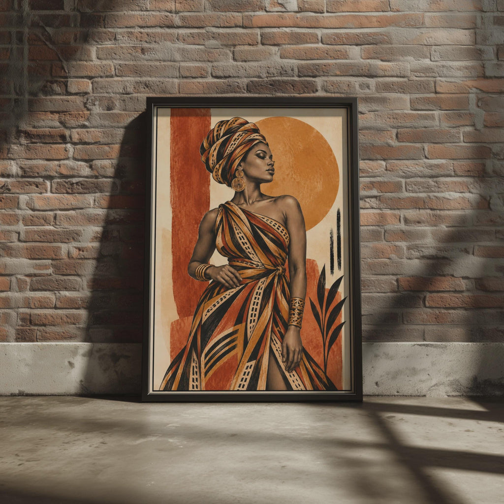 African Woman Portrait Poster, Tribal Wrap Dress, Earthy Tones, Boho Living Room Art Print