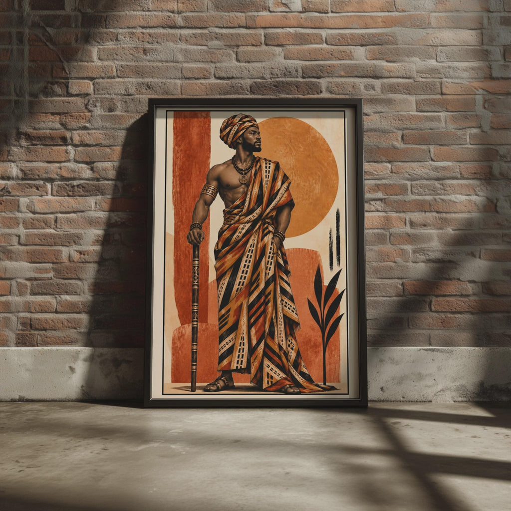 African King Kente Robe Poster, Terracotta Sun Disc, Afrocentric Wall Art Print