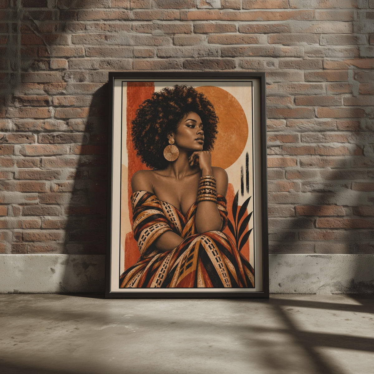 African Woman Portrait Poster, Afro Hair Art, Terracotta Boho Wall Art (Printed)