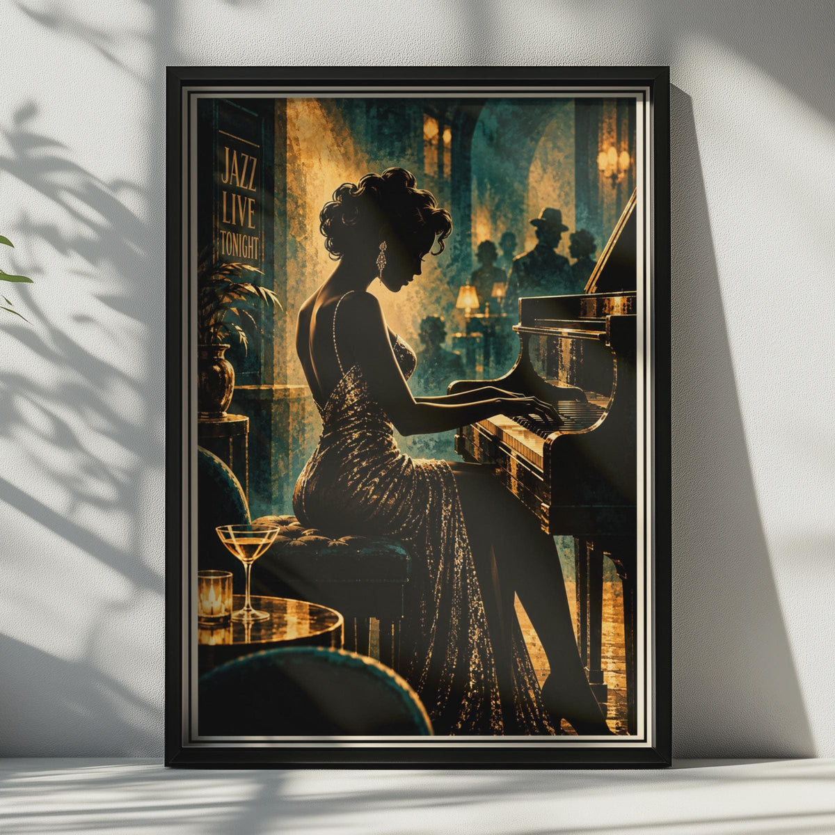 Art Deco Jazz Club Poster, Glamour Pianist, Teal Gold Wall Art (Print)
