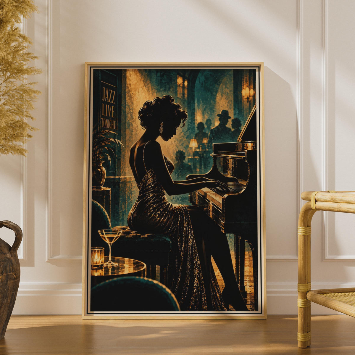 Art Deco Jazz Club Poster, Glamour Pianist, Teal Gold Wall Art (Print)