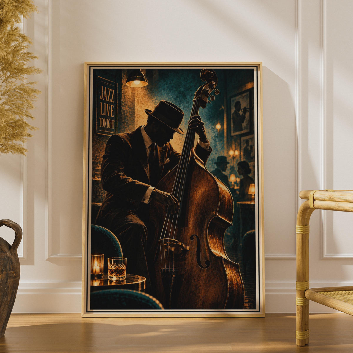 Vintage Jazz Club Poster, Double Bass Musician, Moody Blues Bar Art (Printed Poster)