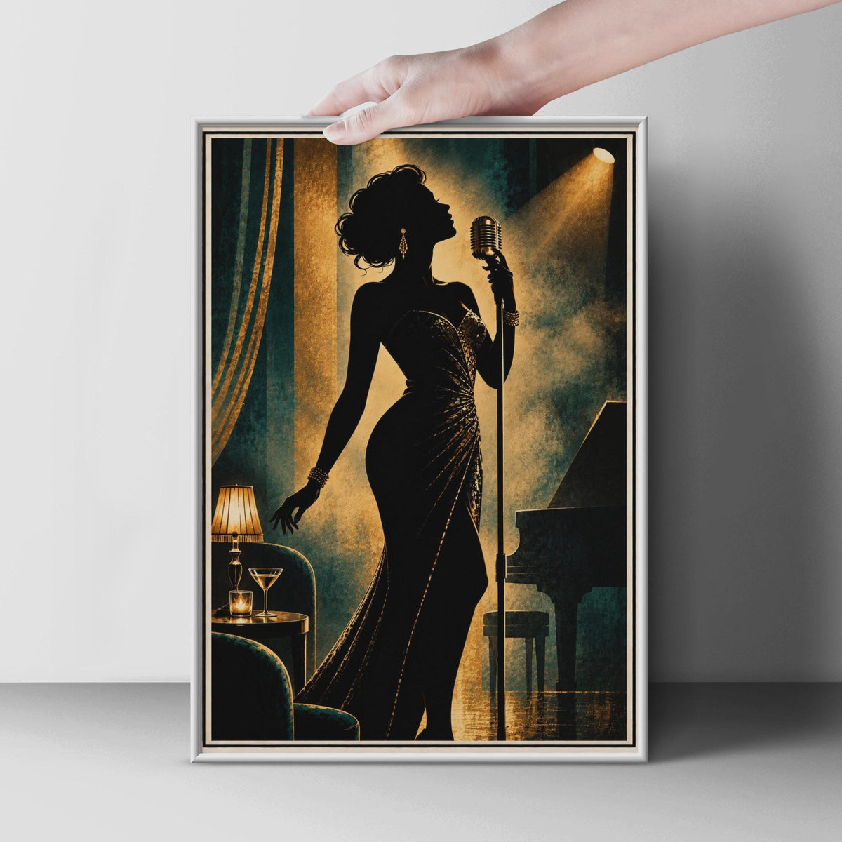 Art Deco Jazz Singer Silhouette Poster, Teal Gold Bar Decor (Printed Poster)