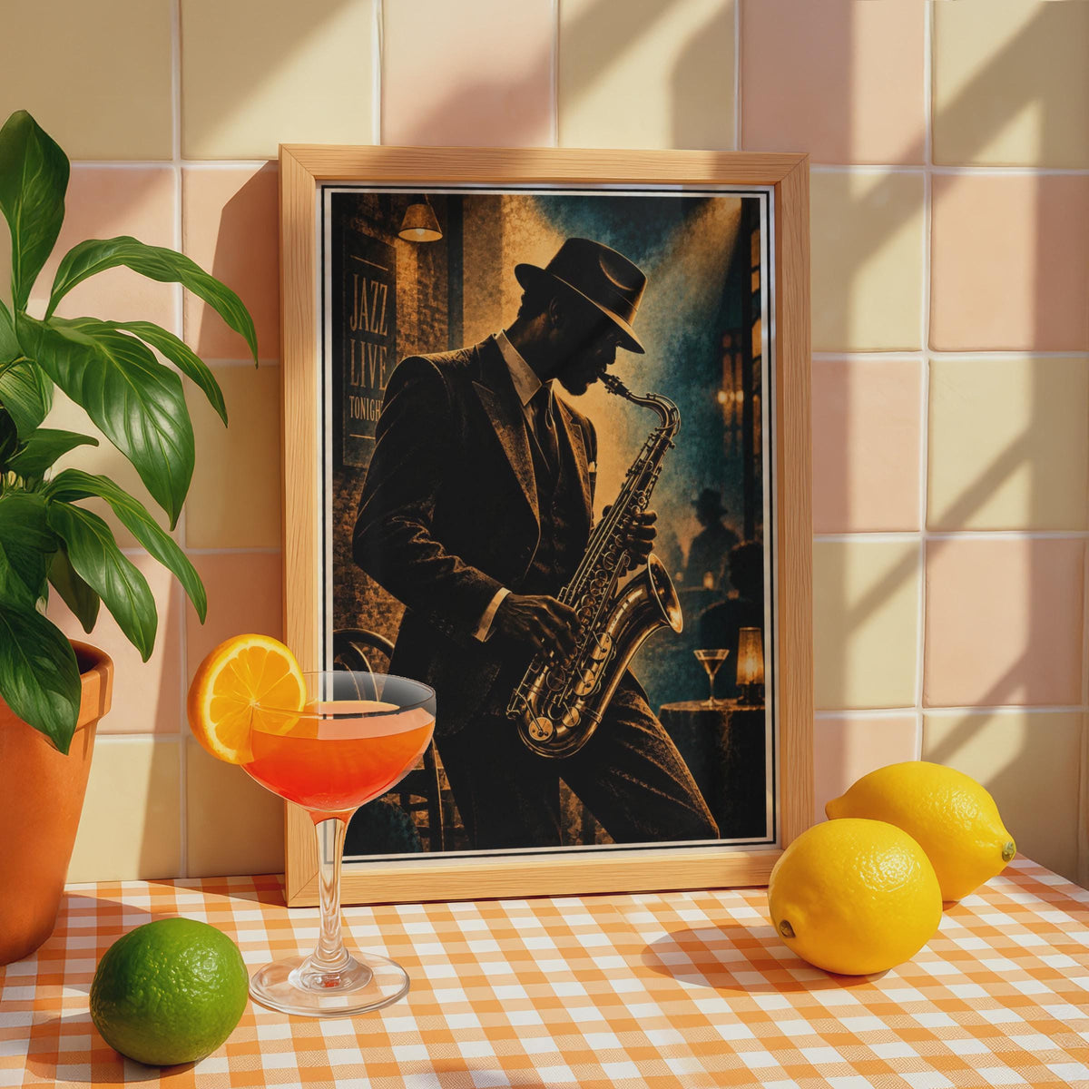 Vintage Jazz Club Saxophonist Poster, Moody Gold Teal Bar Art Print