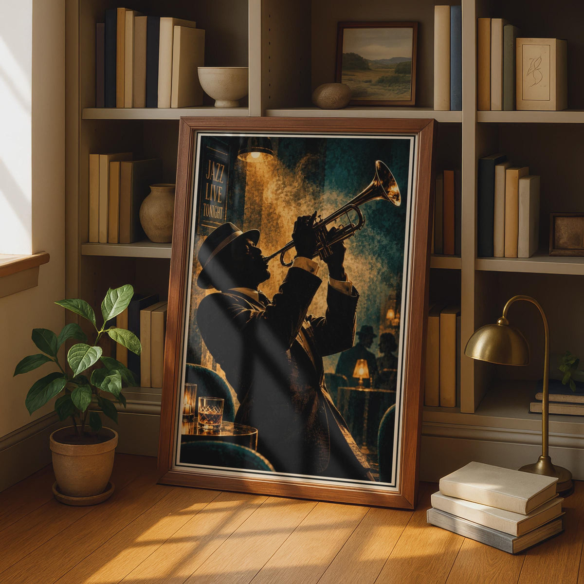 Vintage Jazz Club Poster, Trumpet Player, Moody Music Room Art (Printed Poster)