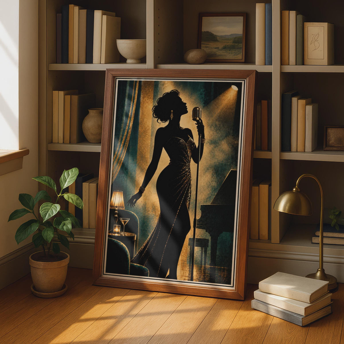 Art Deco Jazz Singer Silhouette Poster, Teal Gold Bar Decor (Printed Poster)