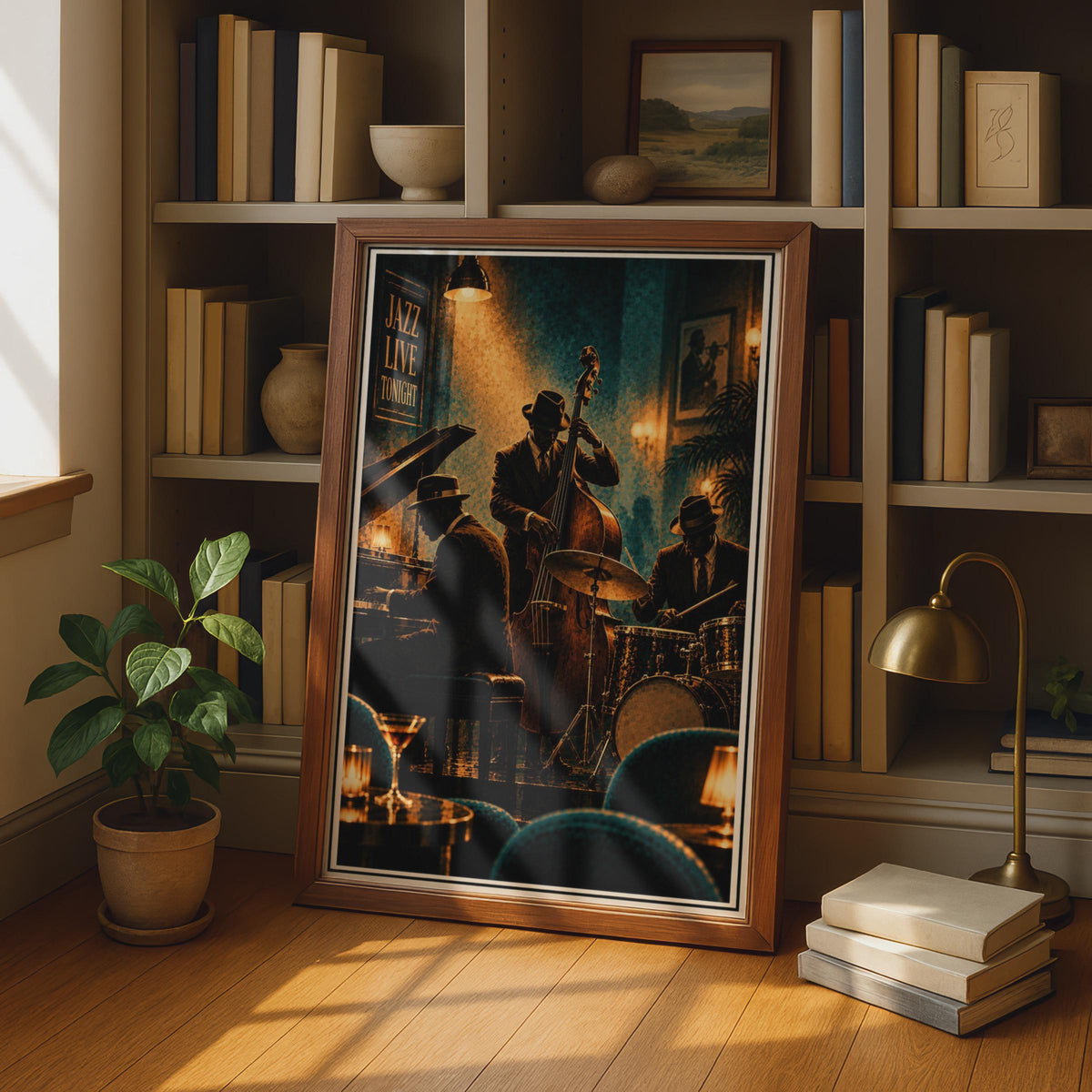Jazz Club Poster, Double Bass Piano Drummer, Teal Gold Moody Atmosphere (Printed Poster)