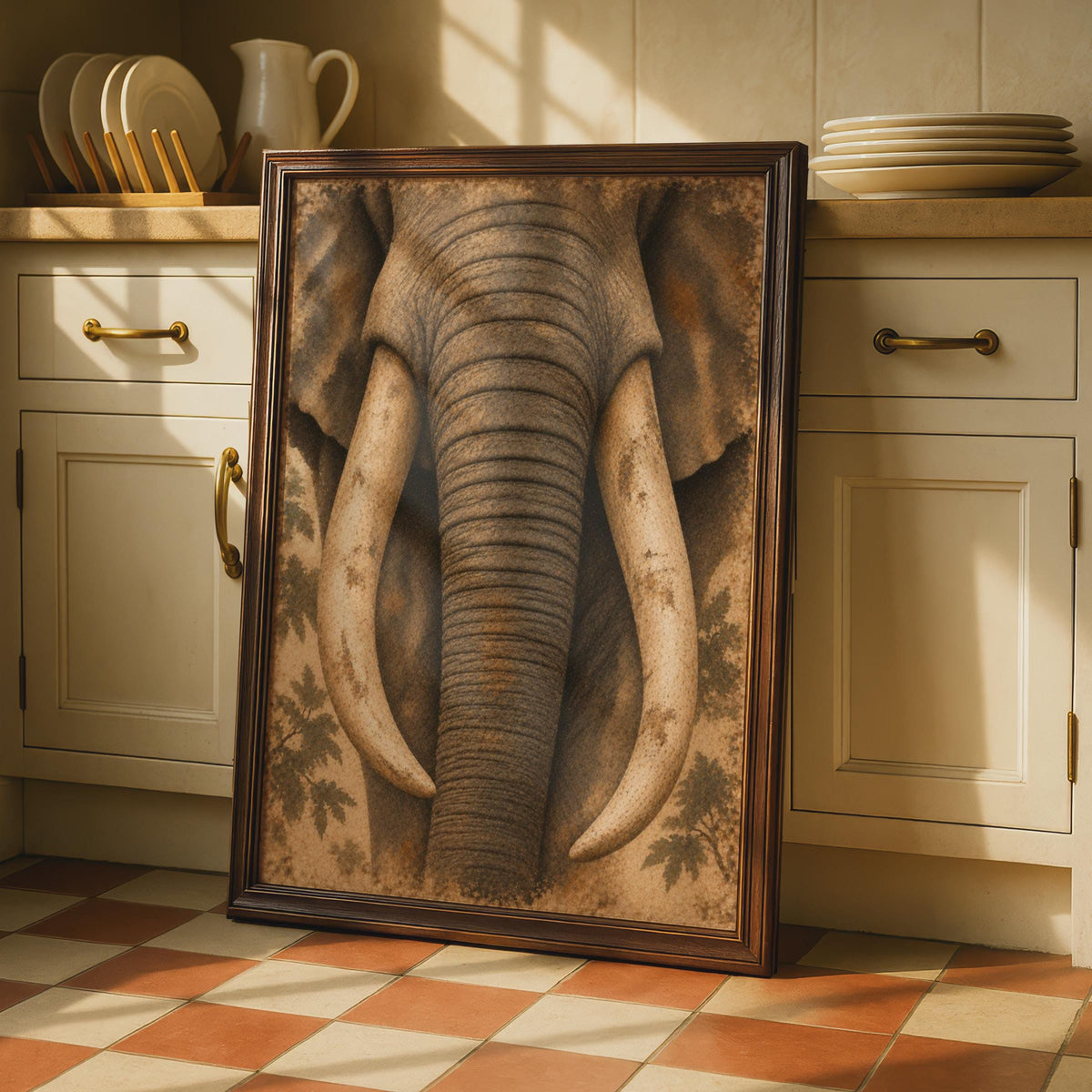 African Elephant Close-Up Poster, Textured Trunk, Tusks Detail, Earth Tones (Print)