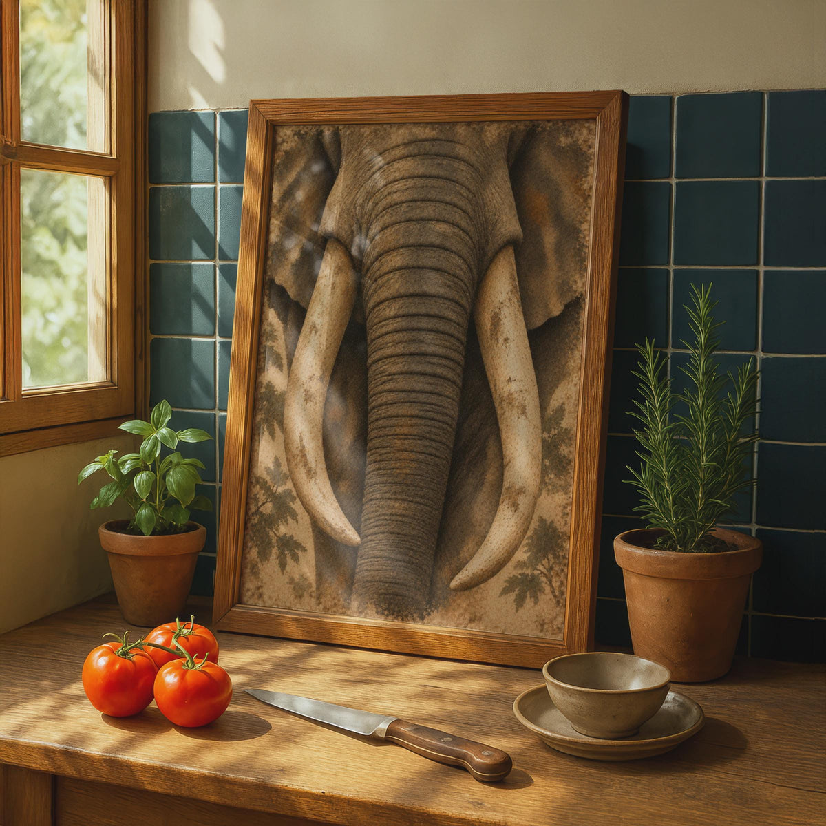African Elephant Close-Up Poster, Textured Trunk, Tusks Detail, Earth Tones (Print)