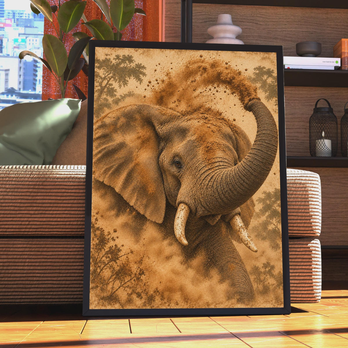 African Elephant Dust Bath Poster, Wildlife Wall Art, Warm Brown Tones (Print)